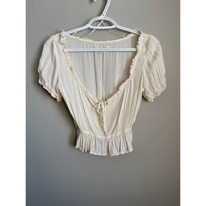 Urban Outfitters Smocked Waist Ruffle Trim Crop Top Cream Ivory S Boho Peasant